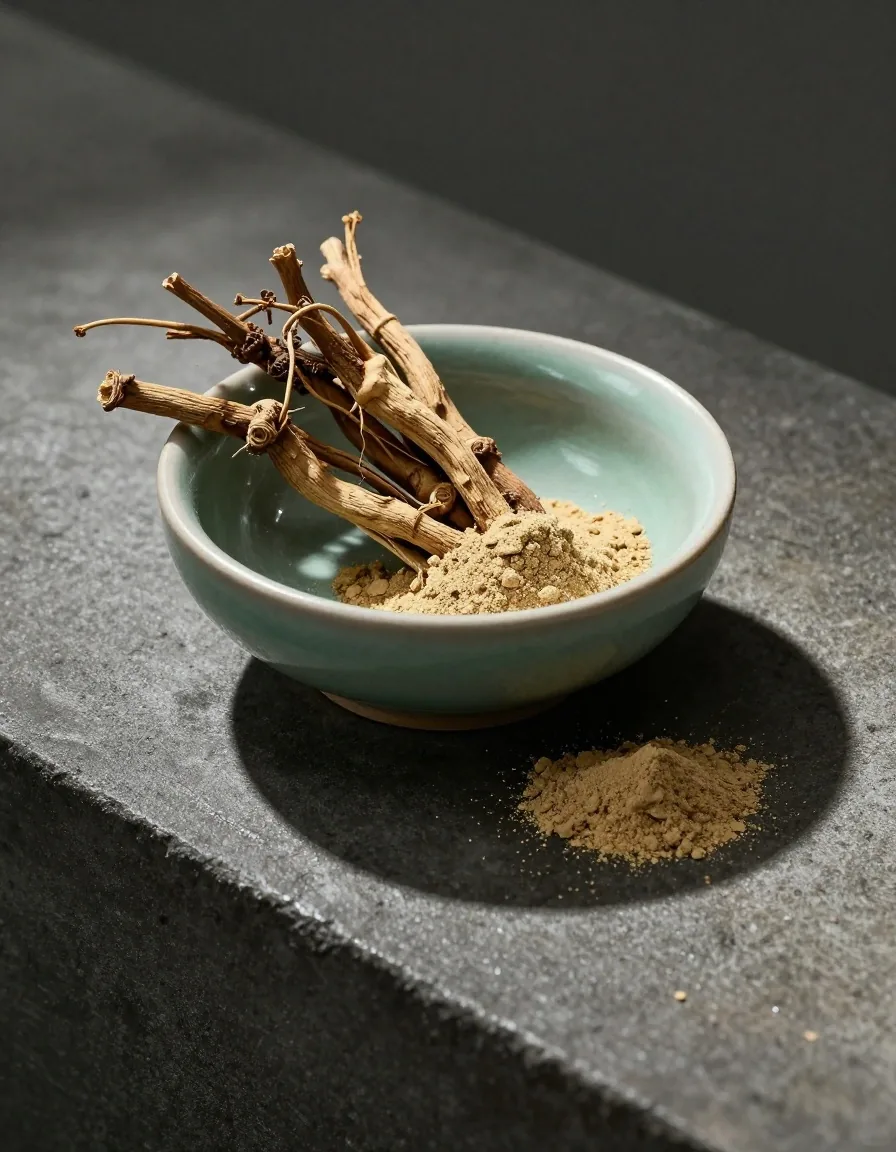 Botanical ingredients in a ceramic dish under overhead light