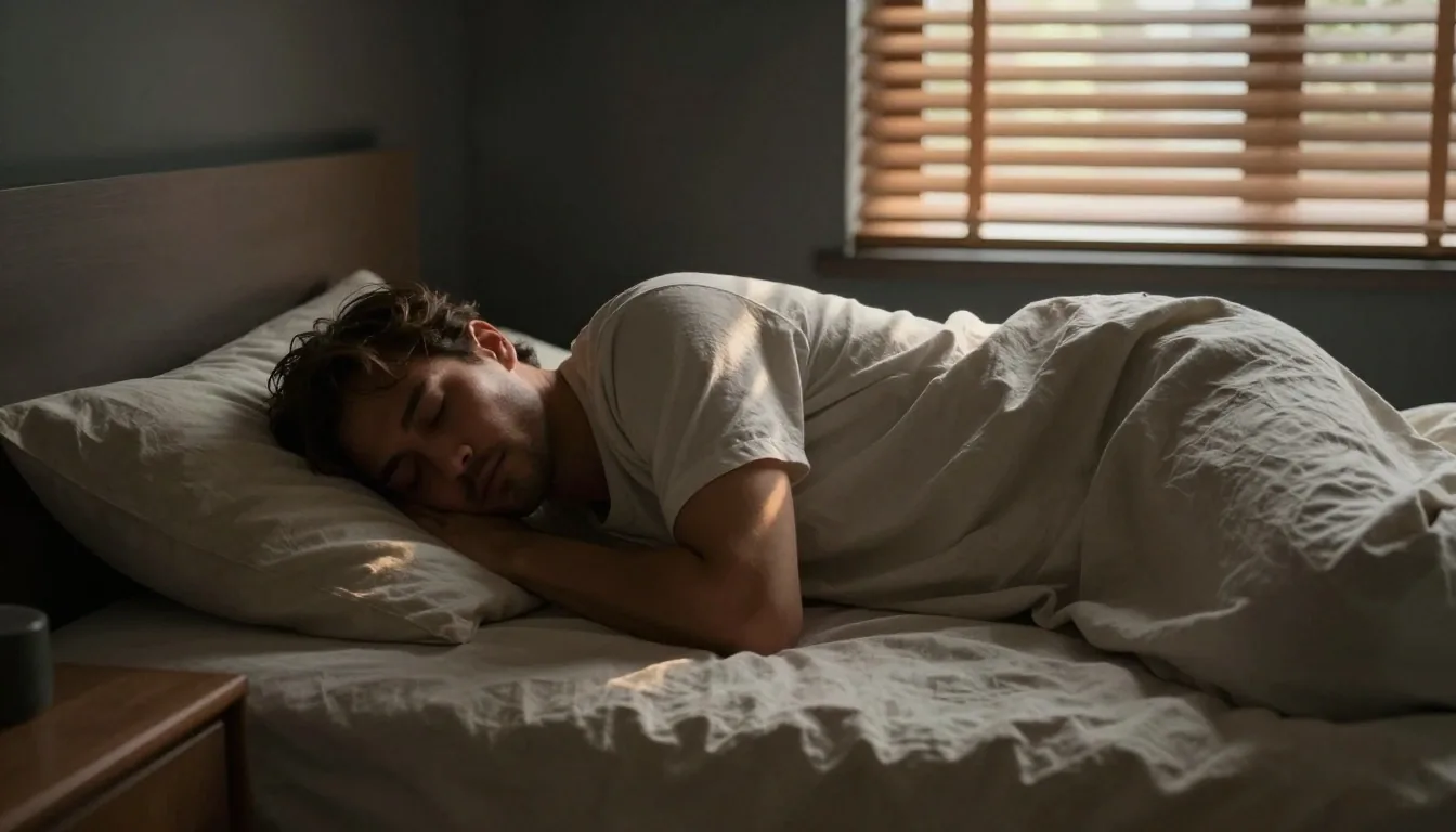 A man resting in a dark bedroom with morning light