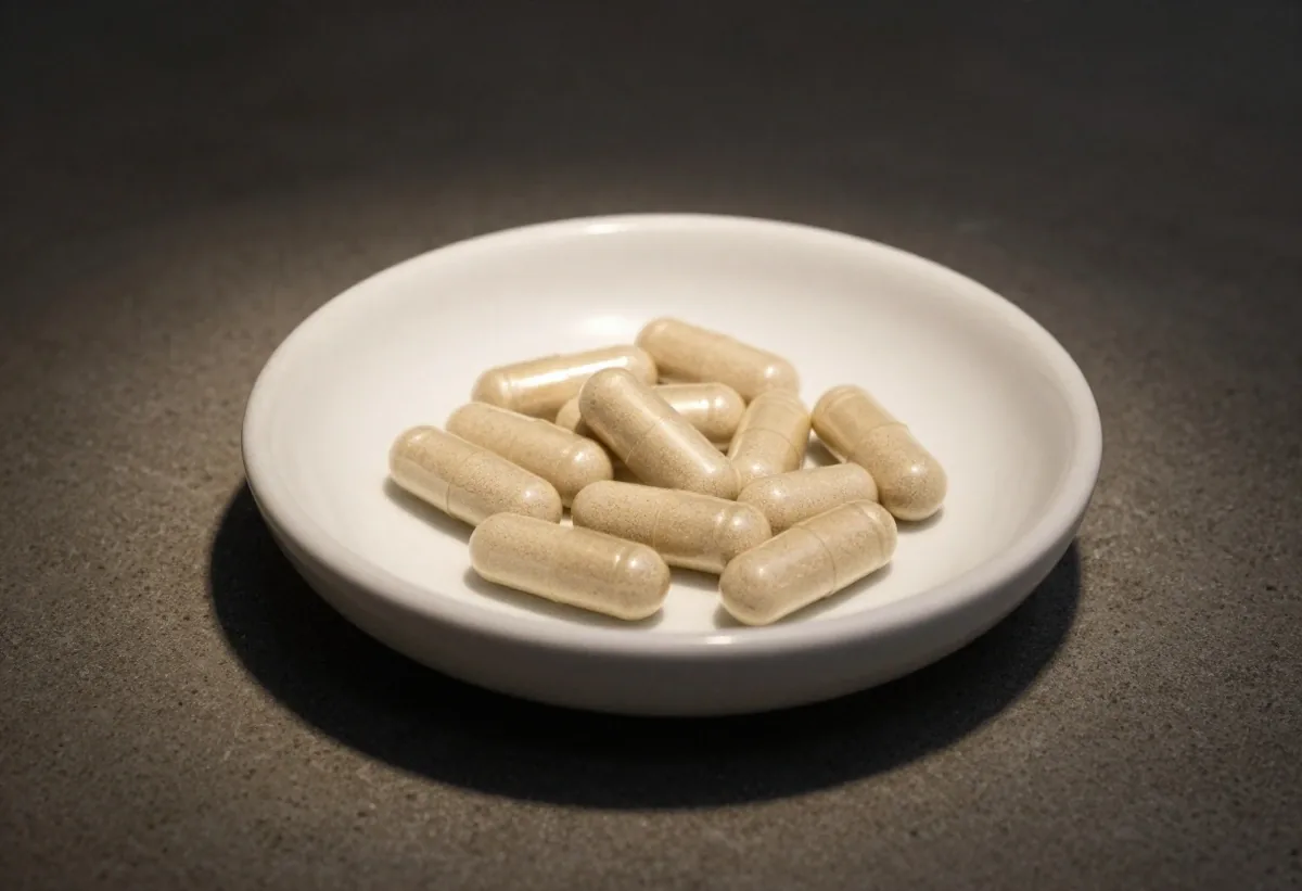 Natural capsules in a ceramic dish on a dark surface