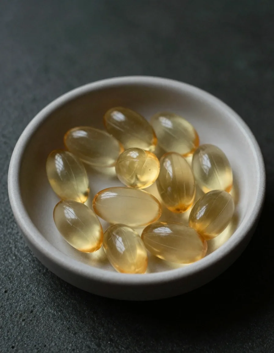 Vitamin D3 softgel capsules in a ceramic dish